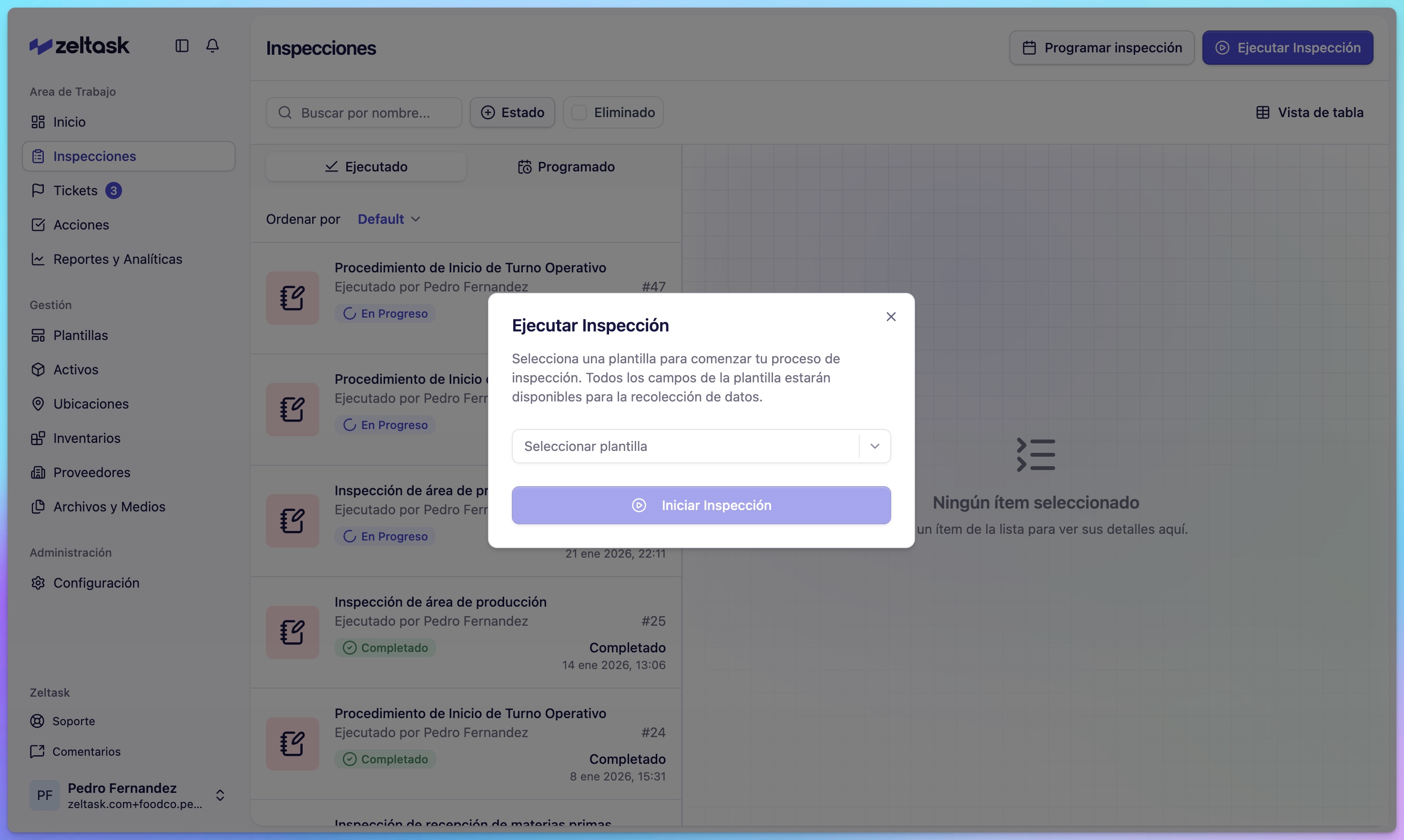 Template selection modal showing available inspection templates